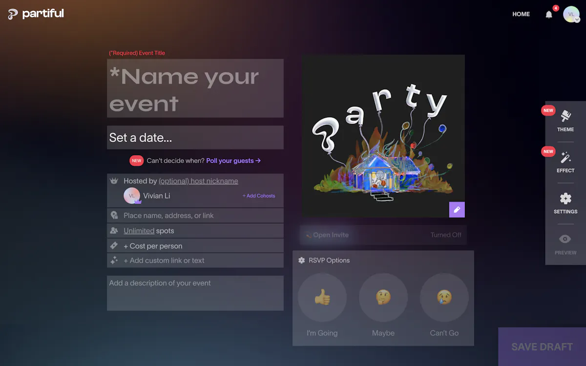 Screenshot of the current Partiful page