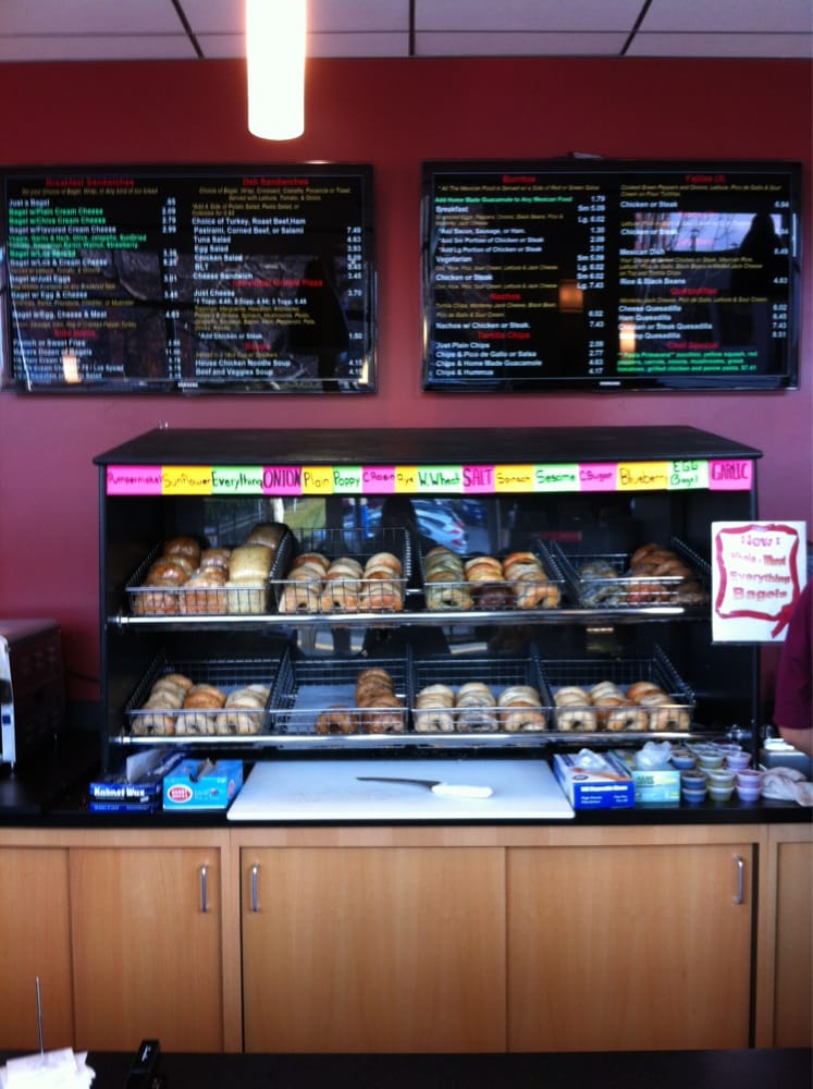 fresh baked bagel rack image